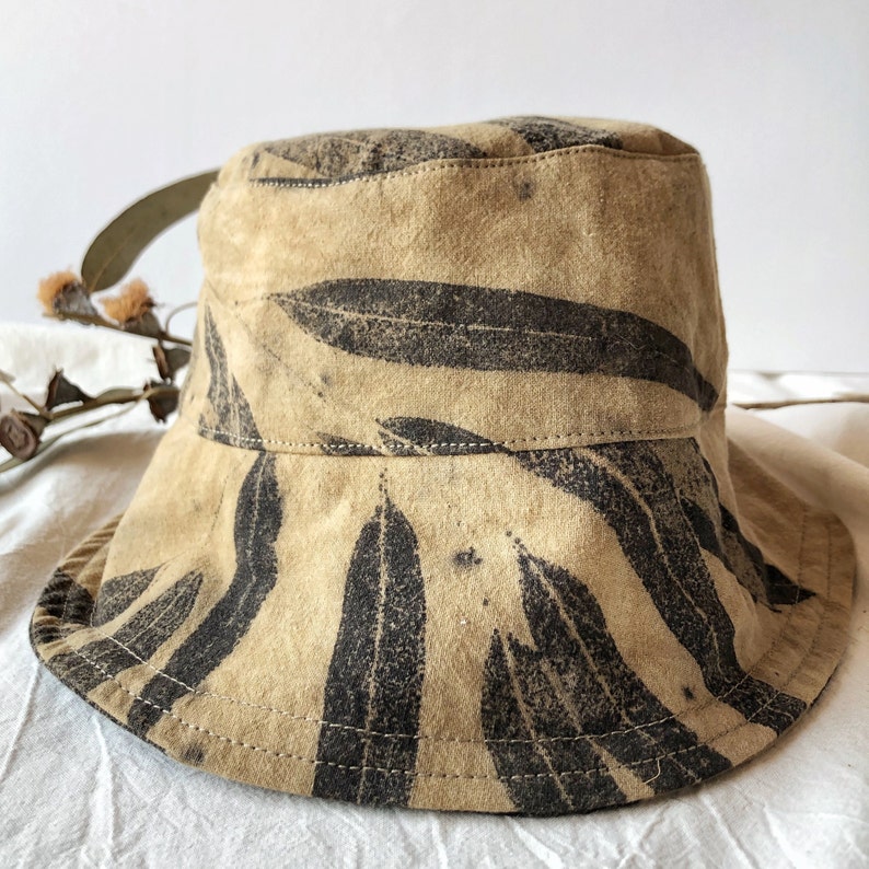 Unisex cotton bucket hat, reversible bucket hat, raw sienna summer hat, botanical print hat, ecoprint hat, natural dye hat image 2