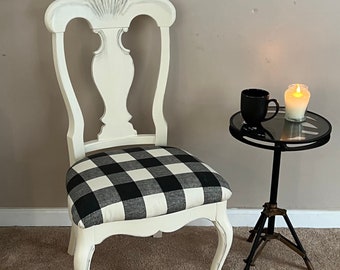 Buffalo Plaid Dining Accent Chair White & Black Repainted Reupholstered