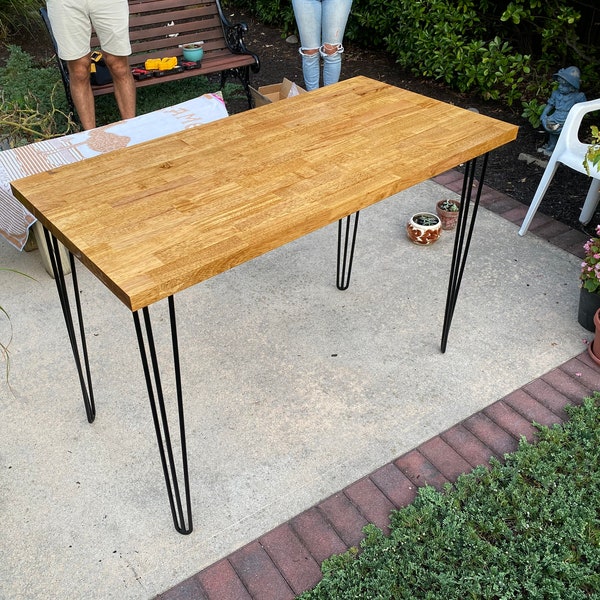 Butcher Block Table, Stained and Sealed with Metal Hairpin Legs (Optional)