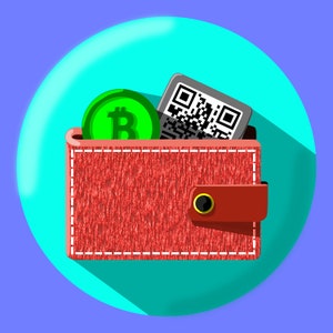 Puede incluir: Una cartera de cuero roja con un borde cosido, una moneda de bitcoin verde y un código QR en blanco y negro.