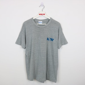 May include: A gray t-shirt with a blue and white "A&W" logo on the front.
