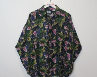 Vintage Floral Patterned Silk Button Up - M