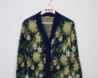 Vintage Camela Flower Patterned Knit Cardigan - XS