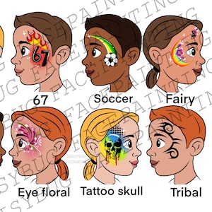 Puede incluir: Una colección de diseños de pintura facial en caras de niños. Los diseños incluyen una cicatriz, el número 67, un balón de fútbol, un hada, mariposas, flores para los ojos, un tatuaje de calavera y arte tribal. Los textos "Scar", "67", "Soccer", "Fairy", "Butterfly", "Eye floral", "Tattoo skull" y "Tribal" están debajo.