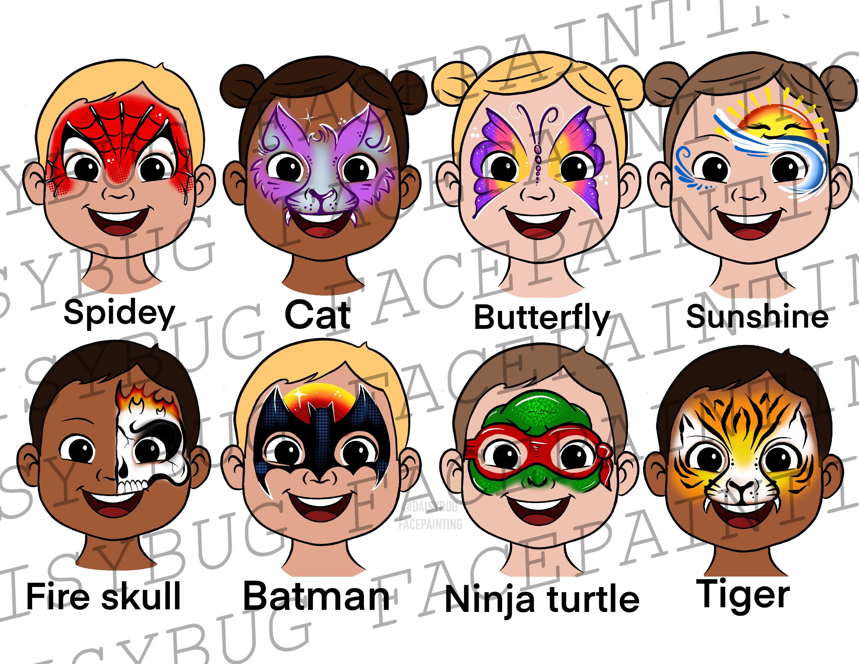 Face Painting Menu Designs: 8 Hand Illustrated Display Board Options ...