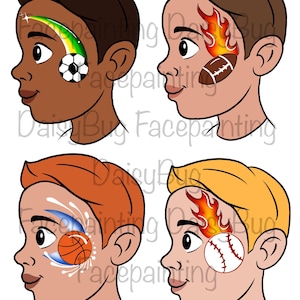May include: Four illustrations of profiles showing face painting designs. One features a soccer ball with a green and yellow rainbow, another a football with orange flames, a third a basketball with blue swooshes, and the last a baseball with flames.
