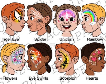 Menù per il trucco del viso: 8 opzioni di pannelli espositivi illustrati a mano (file JPEG digitali scaricabili) in formato orizzontale e verticale.