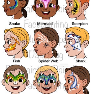 May include: Nine illustrations of children's face paint designs. The designs include a snake, mermaid, scorpion, fish, spider web, shark, dragon, triceratops, and dolphin. The text "DaisyBug Facepainting" is visible.
