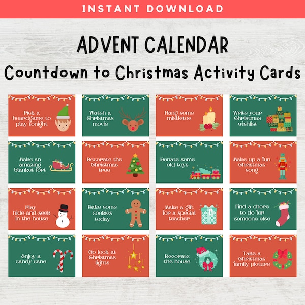 Christmas Advent Calendar Activity Cards, Countdown to Christmas, Printable Advent Activity Cards, Christmas Activities for Kids