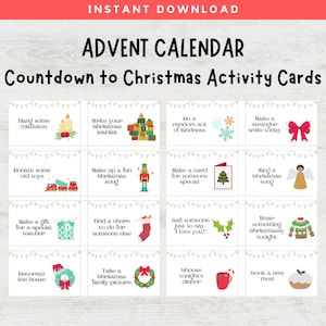 Cartões de atividades do calendário do advento de Natal, contagem regressiva para o Natal, cartões de atividades do advento para impressão, atividades de Natal para crianças