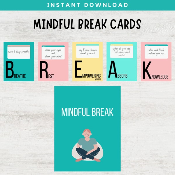 Mindful Moments Break Cards, Calm Cards, Calm Down Kit, Calm Corner, Mindfulness Cards for Kids, Brain Break Cards, Instant Download