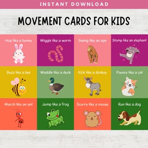 Animal Movement Cards, Educational Printable Activity, Mindfulness for Kids, Circle Time, Homeschool, Toddler, Preschool, Action Cards