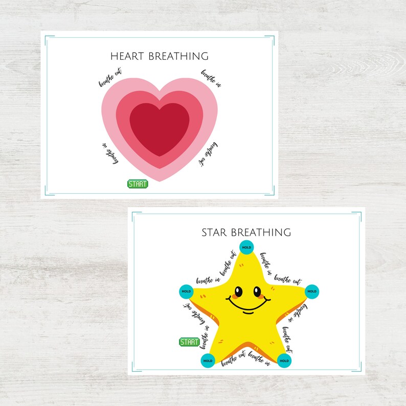 Peut inclure: Deux exercices de respiration imprimables pour les enfants. Le premier est un exercice de respiration en forme de c&oelig;ur avec les mots "inspirer" et "expirer" &eacute;crits sur le c&oelig;ur. Le second est un exercice de respiration en forme d'&eacute;toile avec les mots "inspirer" et "expirer" &eacute;crits sur l'&eacute;toile.