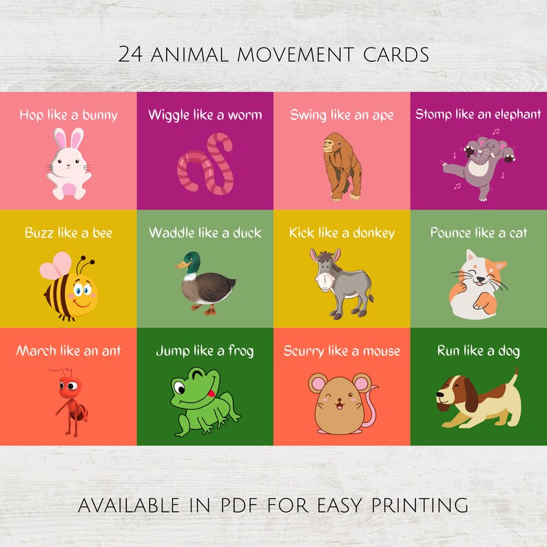 Peut inclure: Un jeu de 24 cartes color&eacute;es repr&eacute;sentant diff&eacute;rents animaux et actions. Chaque carte pr&eacute;sente une illustration d'un animal et une phrase d&eacute;crivant comment cet animal se d&eacute;place, par exemple "Sauter comme un lapin" ou "Barboter comme un canard".