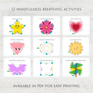 Peut inclure: 12 activit&eacute;s de respiration de pleine conscience imprimables pour les enfants. Chaque activit&eacute; pr&eacute;sente une forme, une couleur et un personnage diff&eacute;rents, tels qu'une &eacute;toile, une fleur, un c&oelig;ur, un triangle, un hexagone, un soleil, un papillon, un carr&eacute; et un moulin &agrave; vent en papier. Le texte "Inspirez et expirez" est inclus dans chaque activit&eacute;.