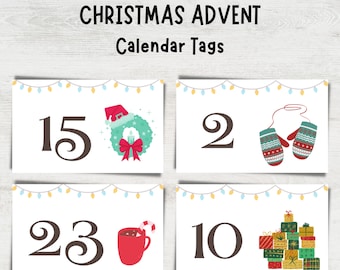 Christmas Advent Calendar Numbers Tags, Countdown to Christmas Calendar Cards, Printable Advent Cards, Printable Tags, DIY Advent Calendar