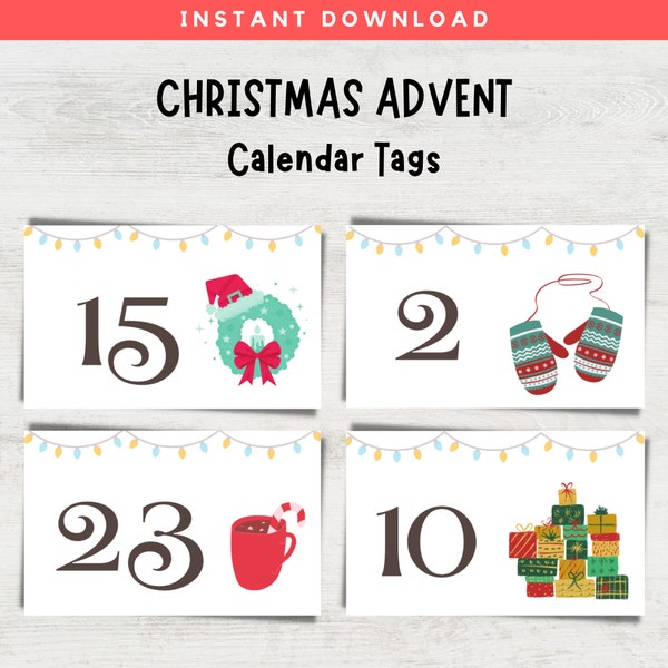 Christmas Advent Calendar Numbers Tags, Countdown to Christmas Calendar Cards, Printable Advent Cards, Printable Tags, DIY Advent Calendar