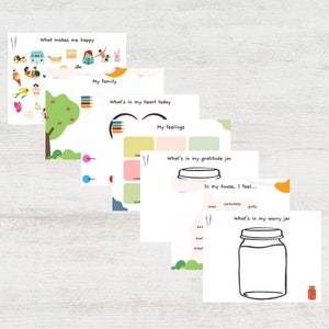 Peut inclure: Un ensemble de feuilles de travail imprimables pour aider les enfants &agrave; identifier et &agrave; exprimer leurs sentiments. Les feuilles de travail pr&eacute;sentent des illustrations color&eacute;es et des invites telles que "Qu'est-ce qui me rend heureux ?" et "Qu'y a-t-il dans mon bocal de gratitude ?"