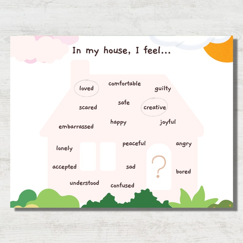 May include: A light pink house-shaped graphic with the text "In my house, I feel..." and various emotion words. The words are in bubbles around the house, with a question mark inside the house.