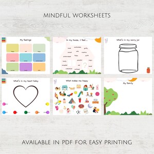 Peut inclure: Un ensemble de six feuilles de travail de pleine conscience imprimables pour les enfants. Les feuilles de travail pr&eacute;sentent des illustrations color&eacute;es et des invites pour que les enfants puissent exprimer leurs sentiments, identifier les choses qui les rendent heureux et pratiquer l'auto-soin. Les feuilles de travail sont intitul&eacute;es "Mes sentiments", "Dans ma maison, je ressens...", "Ce qu'il y a dans mon bocal &agrave; soucis", "Ce qu'il y a dans mon c&oelig;ur aujourd'hui", "Ce qui me rend heureux", et "Ma famille".
