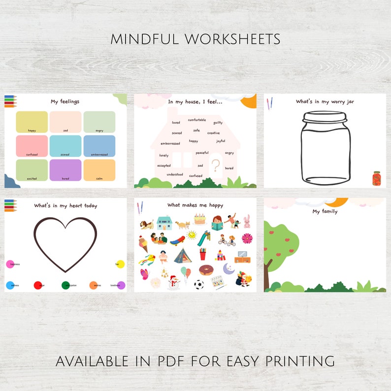Peut inclure: Un ensemble de six feuilles de travail de pleine conscience imprimables pour les enfants. Les feuilles de travail pr&eacute;sentent des illustrations color&eacute;es et des invites pour que les enfants puissent exprimer leurs sentiments, identifier les choses qui les rendent heureux et pratiquer l'auto-soin. Les feuilles de travail sont intitul&eacute;es "Mes sentiments", "Dans ma maison, je ressens...", "Ce qu'il y a dans mon bocal &agrave; soucis", "Ce qu'il y a dans mon c&oelig;ur aujourd'hui", "Ce qui me rend heureux", et "Ma famille".