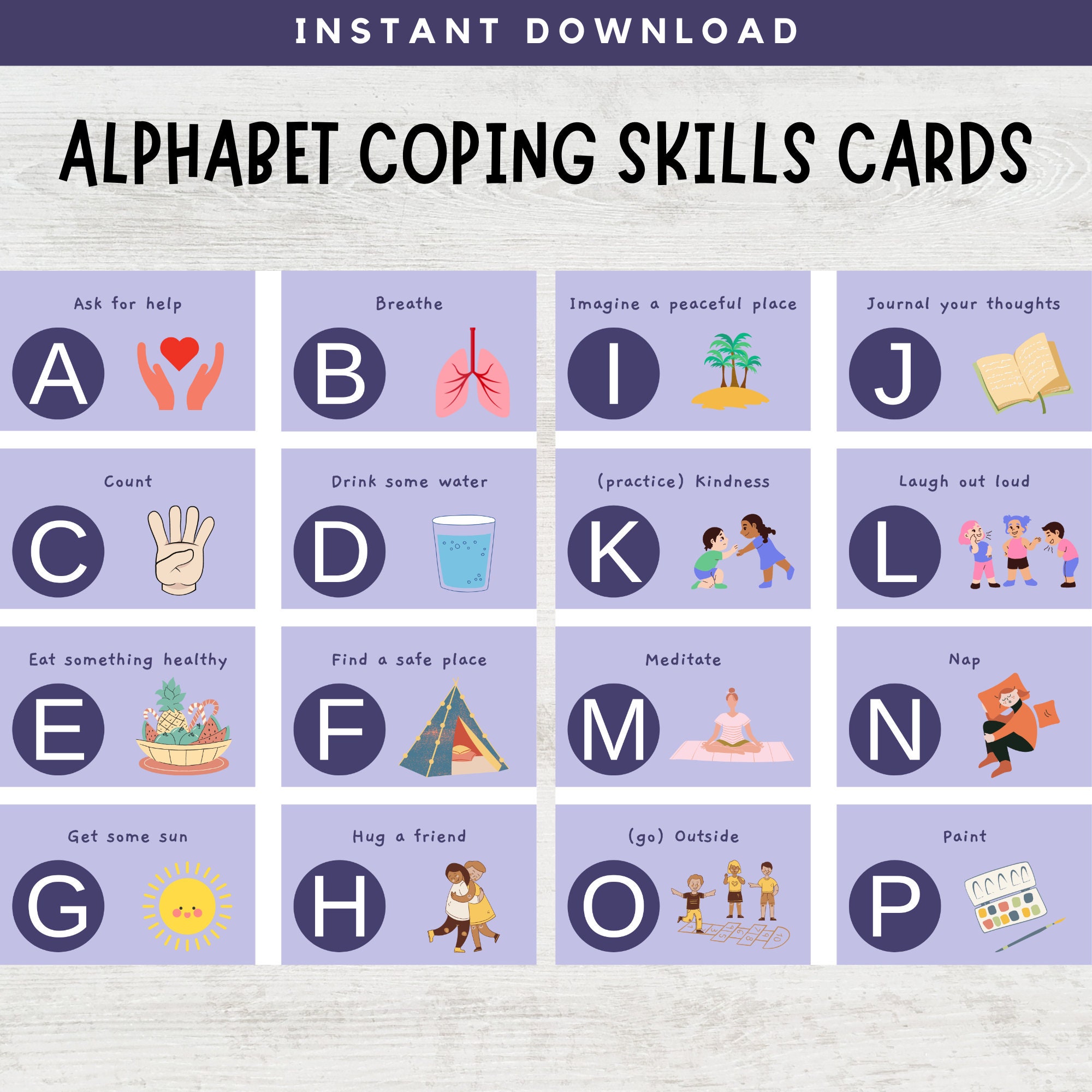 Alphabet Coping Skills Cards, Self Regulating Cards, Mindfulness, Calm
