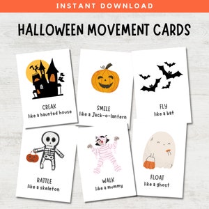 Halloween Movement Cards, Printable Activities, Movement Flashcards, Halloween Activity, Halloween Printable, Halloween Games for Kids