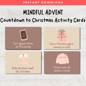 Tarjetas de actividades del calendario de adviento de Navidad de mindfulness, cuenta regresiva para Navidad, tarjetas de actividades de adviento imprimibles, actividades navideñas