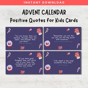 Calendario de Adviento de Navidad, tarjetas con citas positivas, cuenta regresiva para Navidad, tarjetas de Adviento imprimibles, citas inspiradoras para niños