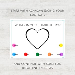 Peut inclure: Une feuille de travail imprimable avec une forme de c&oelig;ur au centre et le texte "What's in your heart today?" en haut. Le c&oelig;ur est entour&eacute; de huit cercles, chacun avec une couleur et un mot d'&eacute;motion diff&eacute;rents&nbsp;: bonheur, tristesse, col&egrave;re, anticipation, soucis, solitude et peur.