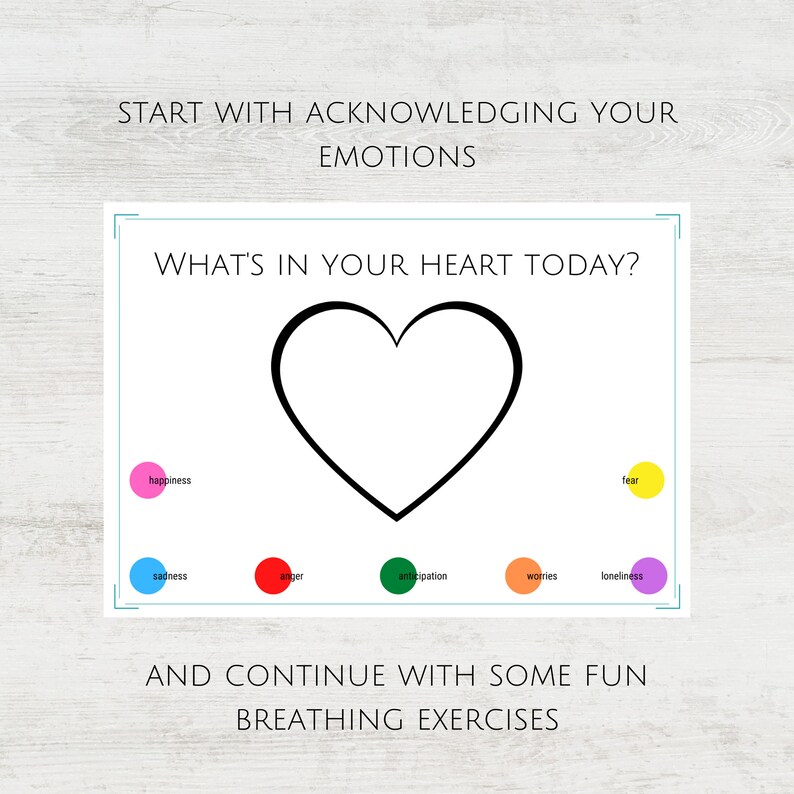 Peut inclure: Une feuille de travail imprimable avec une forme de c&oelig;ur au centre et le texte "What's in your heart today?" en haut. Le c&oelig;ur est entour&eacute; de huit cercles, chacun avec une couleur et un mot d'&eacute;motion diff&eacute;rents&nbsp;: bonheur, tristesse, col&egrave;re, anticipation, soucis, solitude et peur.