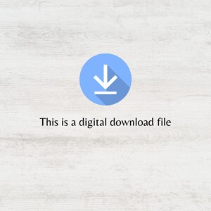 Op de afbeelding: Een blauwe cirkel met een witte pijl naar beneden en een witte lijn eronder. De tekst "This is a digital download file" staat onder de cirkel.