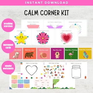Peut inclure: Un kit de coin calme imprimable pour les enfants avec des exercices de respiration, des cartes de mouvement et des feuilles de travail de pleine conscience. Le kit pr&eacute;sente des illustrations color&eacute;es d'animaux, de formes et de c&oelig;urs.