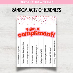 Complimenten afscheuren, afdrukbare afscheurflyer, willekeurige daden van vriendelijkheid, prikborddecor, mindfulness voor kinderen, vriendelijkheidscitaten