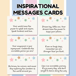 May include: A set of inspirational message cards. Each card features a light beige background with pastel star decorations. The text on the cards includes phrases like "Speak kindness and love" and "Enjoy every step."