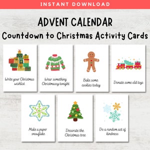Christmas Advent Calendar Activity Cards, Countdown to Christmas, Printable Advent Activity Cards, Christmas Activities for Kids