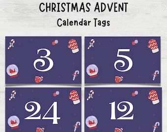 Christmas Advent Calendar Numbers Tags, Countdown to Christmas Calendar Cards, Printable Advent Cards, Printable Tags, DIY Advent Calendar