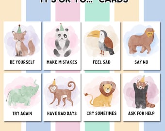 Cartes d'aptitudes à faire face à l'anxiété | Flashcards pour enfants | Activité SEL | Pleine conscience pour les enfants | Affirmations d'animaux à l'aquarelle