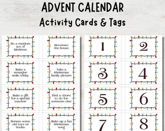 Christmas Advent Calendar Activity Cards, Number Tags, Countdown to Christmas, Printable Advent Activity Cards, Christmas Activity for Kids