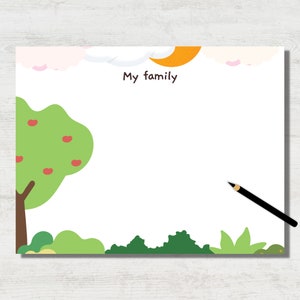 May include: A white paper with a cartoon illustration of a tree, clouds, and a crescent moon. The words "My family" are written in black. A black pencil is in the bottom right corner. The tree has red apples.