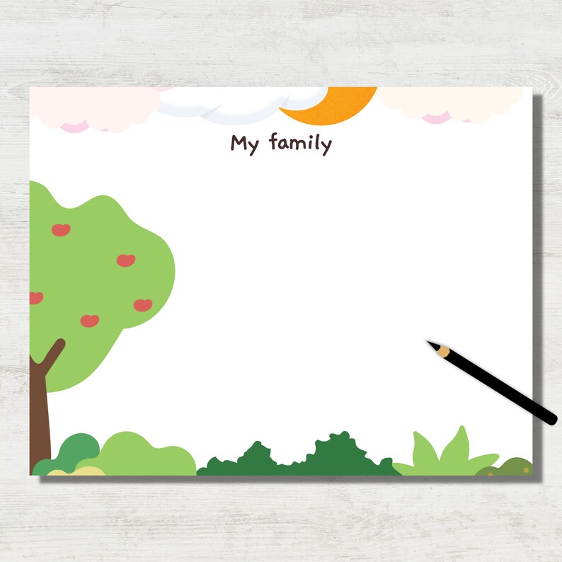 May include: A white paper with a cartoon illustration of a tree, clouds, and a crescent moon. The words "My family" are written in black. A black pencil is in the bottom right corner. The tree has red apples.