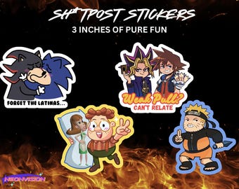 May include: A collection of colorful stickers with cartoon characters and humorous text. The stickers are approximately 3 inches in size. The text includes phrases like "Forget the Latinas..." and "Weak Pull? Can't Relate."