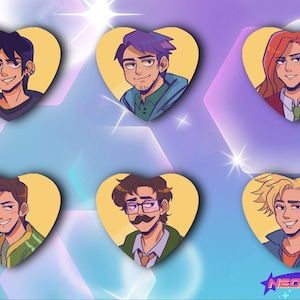 May include: Six heart-shaped pins featuring cartoon illustrations of people with different hairstyles and clothing. The pins are yellow with a white outline.