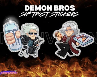 May include: Two stickers featuring cartoon characters. One holds a Monster energy drink, the other a pizza box labeled "Dante's Pizza". The stickers are on a black background with the text "DEMON BROS SH*TPOST STICKERS".