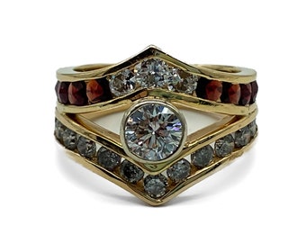 Vintage 14k Yellow Gold Diamond & Garnet Ring Size 7/ 14k Yellow Gold Diamond Ring/ 14k Yellow Gold Garnet Ring/ 14k Diamond Garnet Ring