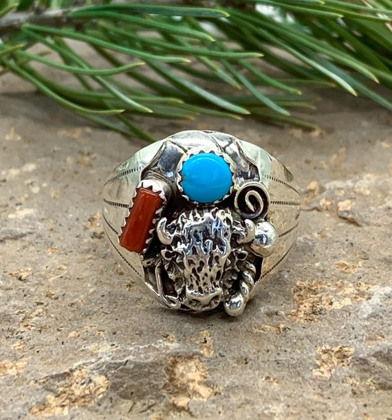 Heavy Viintage Native American Navajo Turquoise & Coral Sterling Silver Ring Old Heavy Viintage Native American Navajo Turquoise & Coral Sterling Silver Ring Old