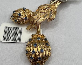 14K Yellow Gold Thistle Brooch Pendant Sapphires Diamonds 11.46g Estate Vintage