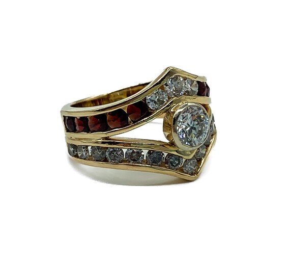 Vintage 14k Yellow Gold Diamond & Garnet Ring Siz… - image 3
