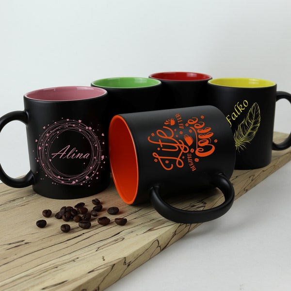 Tasse schwarz personalisiert / Kaffeebecher mit Gravur/ 350 ml