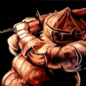 Peut inclure: Une peinture d'un chevalier en armure, portant un casque à sommet pointu. Le chevalier tient une épée dans sa main droite et fait face à gauche. La peinture est réalisée dans un schéma de couleurs brun foncé et orange.